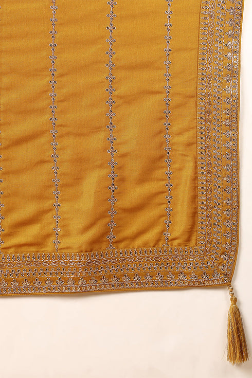Plus Size Mustard Silk Blend Solid Embroidered Straight Suit Set